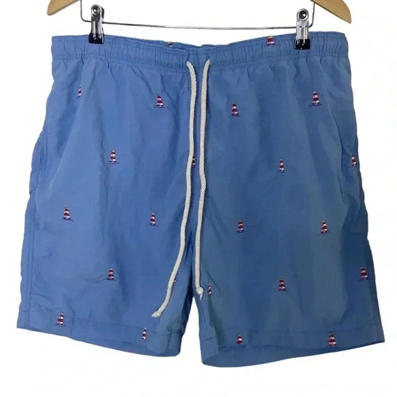 J. McLaughlin Mens Lighthouse Print Blue Swim Shorts - Picture 1 of 5